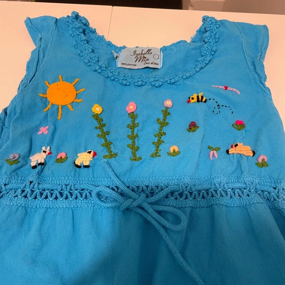 Isabella Mia Cotton Sundress Embroidered Flowers Bees Blue Size 8 Floral Peru